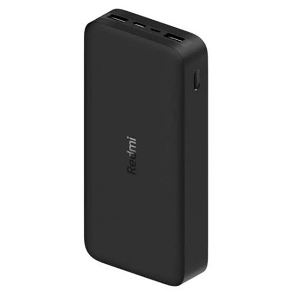 Black Xiaomi Mi 20000mAh Redmi Power Bank featuring two USB-A ports for rapid charging, dual Micro-USB/USB-C input, and a sleek, portable design.