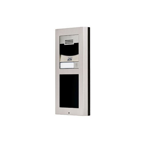 Silver and black intercom system accessory featuring a speaker grille, a call button, and a rectangular design, suitable for wall mounting.