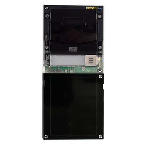 Black plastic faceplate for the 2N 9155211CB intercom system, featuring a sleek design with a transparent section, showcasing internal components and branding.