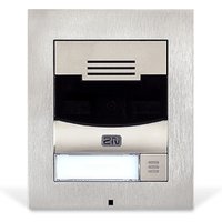 Satin steel 2N 9155301F video intercom with speaker grille, camera lens, and illuminated button panel.