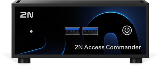 Compact black mini PC with a sleek design, featuring the 2N logo, two blue USB ports, and a power button, preloaded with Access Commander software.