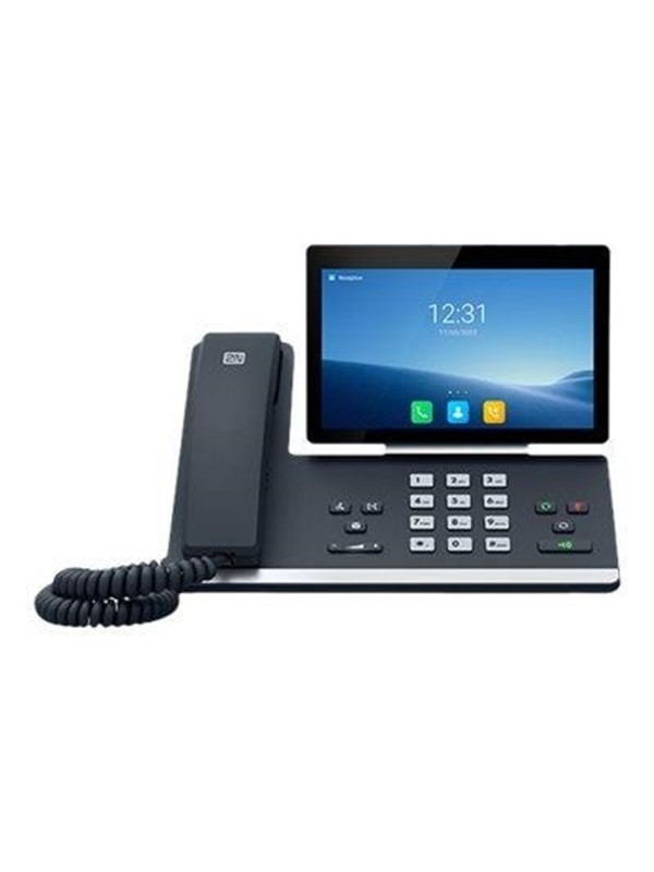 Black IP phone with a sleek design, featuring a large LCD screen, numeric keypad, and a coiled handset, ideal for VoIP communication.