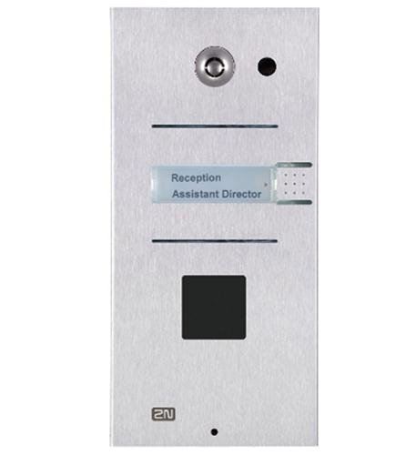 Sleek silver intercom panel with a brushed metal finish, featuring a camera lens, speaker, and a customizable nameplate for "Reception Assistant Director."