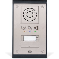 Black and silver 2N IP Uni intercom with speaker, button, and LED indicators on a rectangular panel.