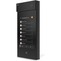 Black 2N IP STYLE video intercom with 10.1" touchscreen, camera at the top, and list of contacts displayed.