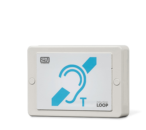 White induction loop IP add-on module by 2N featuring a blue ear symbol and "T" text, designed for enhancing audio accessibility.