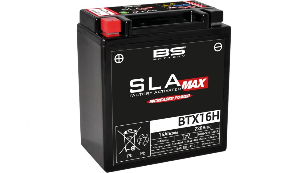 Black BS Battery SLA Max AGM battery with model number BTX16H, featuring a robust design, non-spillable label, and specifications of 12V and 220A for BMW K 1600 B.