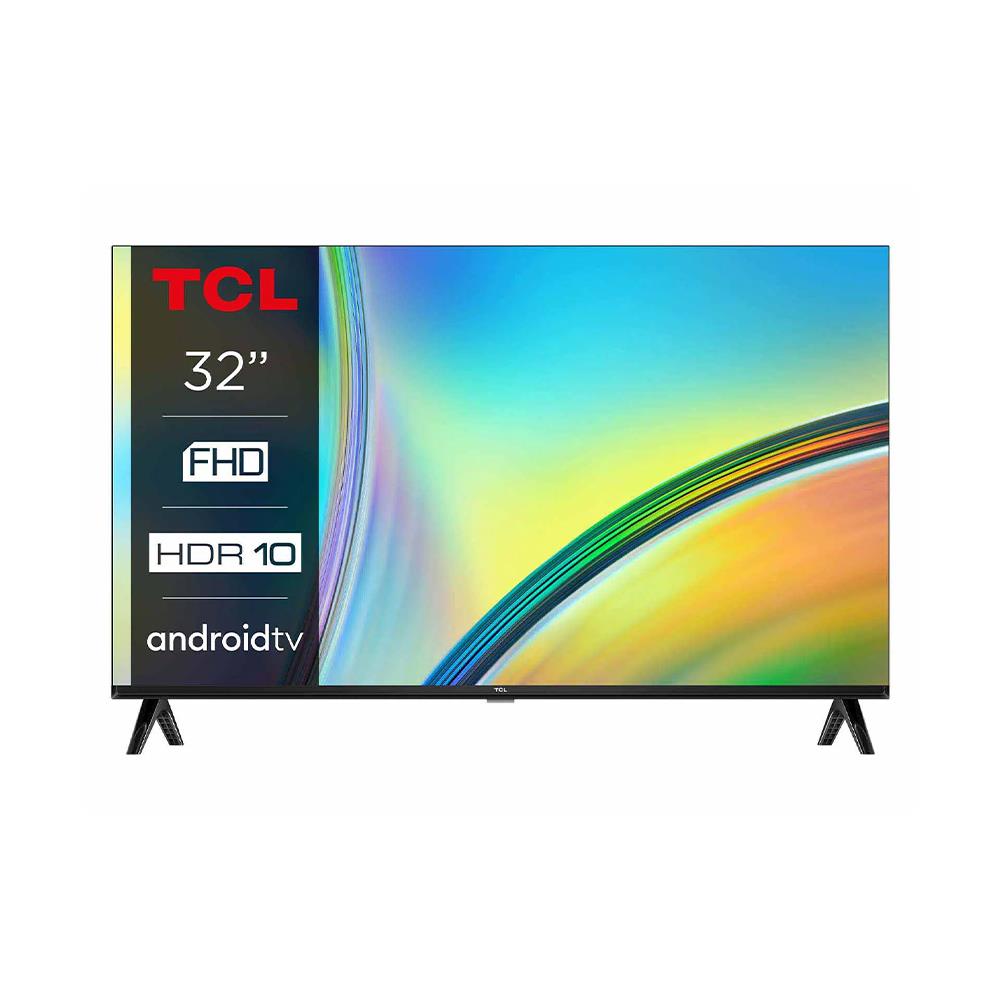 TCL S54 32S5400AFK TV features an 80 cm (31.5") Full HD display with vibrant colors, HDR 10 support, and Android TV interface, framed in a sleek black design with sturdy stand legs.