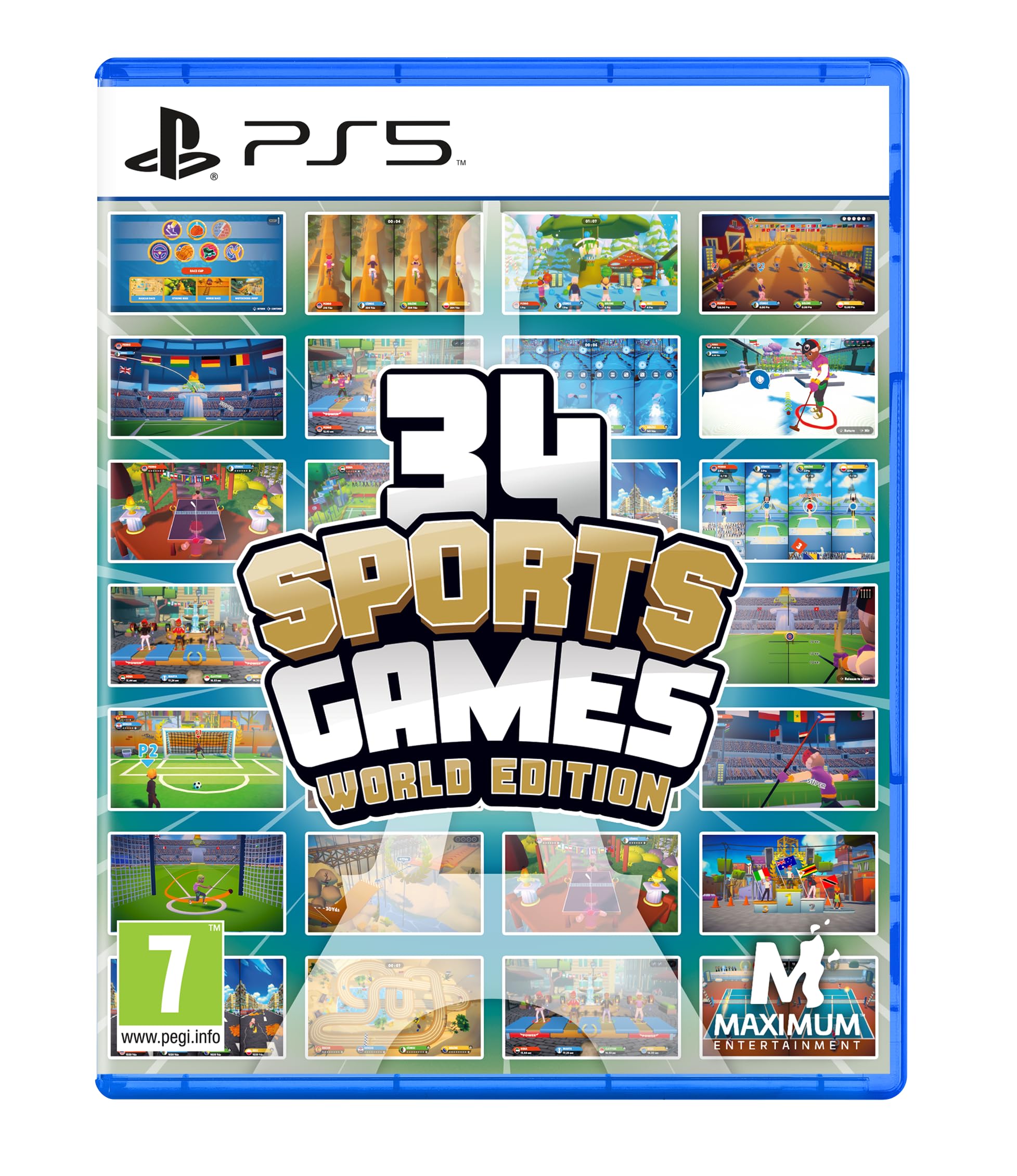 Blue PS5 game case featuring "34 Sports Games - World Edition" title, showcasing colorful thumbnails of various sports games on the front cover, with a prominent gold logo.