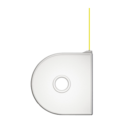 Yellow 3D cartridge for 3D Systems Cube, featuring a rounded edge and a central hole, designed for use with PLA material in 3D printing applications.