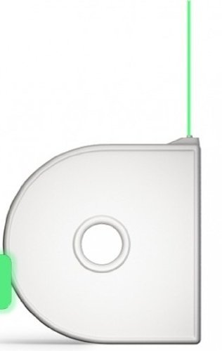 Green fluorescent PLA 3D printing cartridge, featuring a semi-transparent casing with a circular hole and a green filament spool extending from the top.