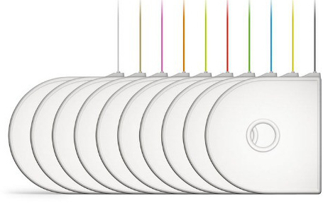 Ten white 3D printer cartridges with a circular opening, featuring colorful filament spools in fluorescent blue, pink, and other vibrant hues, designed for 3D Systems Cub.