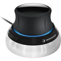 Black and silver 3Dconnexion SpaceMouse Compact with a blue LED ring and USB cable connection.