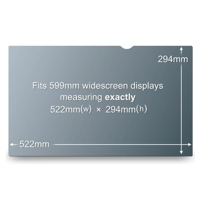 Gray privacy filter designed for widescreen LCD monitors, measuring 522mm x 294mm, featuring a cutout for easy attachment and protecting screen visibility from side angles.