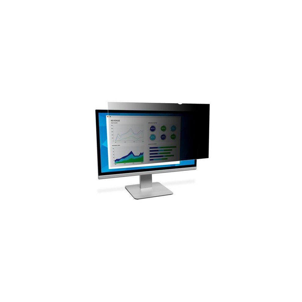 Black privacy filter for a 29" 21:9 monitor, showcasing graphs and charts on the screen, designed to limit viewing angles and enhance privacy.