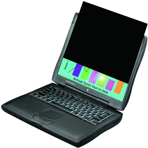 3M Standard Privacy Filter BSF35.6W displayed on a laptop, featuring a black screen filter that obscures content while maintaining a sleek, glossy black frame.