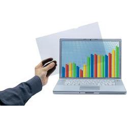 Transparent privacy filter being held above a laptop screen displaying colorful bar graphs, showcasing its use for screen protection and privacy.