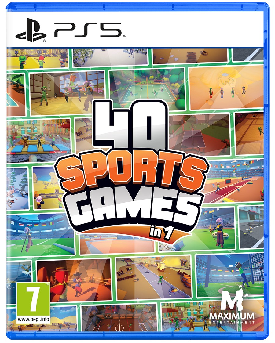 Colorful game cover featuring "40 Sports Games in 1" with various sports scenes, PS5 logo at the top, and MAXIMUM GAMES branding at the bottom.