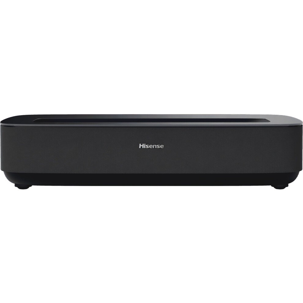 Black ultra short throw laser projector with a sleek design, featuring a smooth surface, subtle branding, and compact dimensions, ideal for 4K cinema experiences with Dolby Atmos.