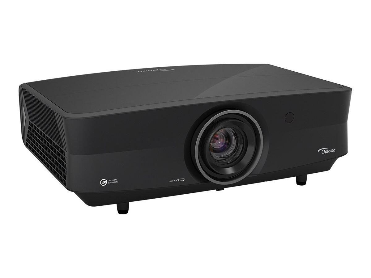 Black 4K UHD dual laser home entertainment projector with a sleek design, featuring a prominent lens at the front and ventilation grilles on the sides.