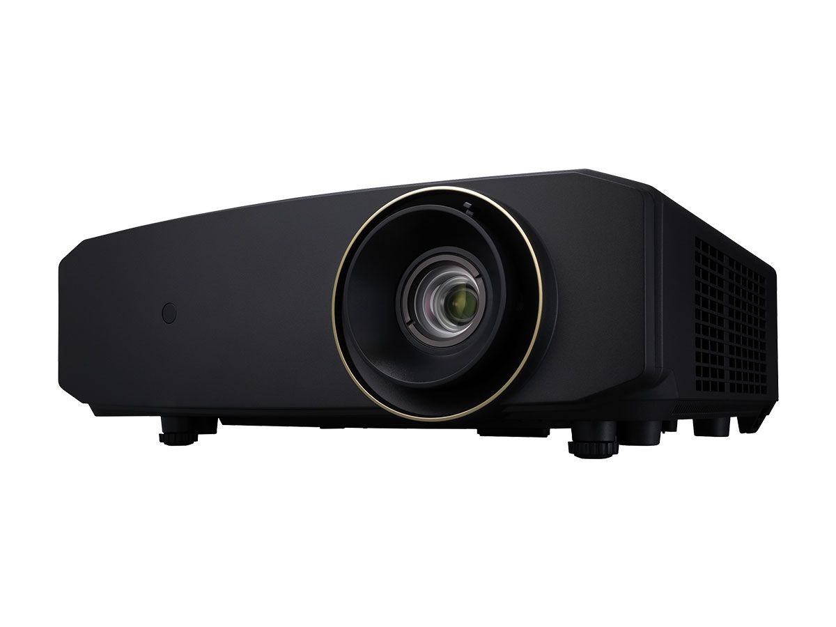 4K Ultra Home Cinema Laser Projector in sleek black with a prominent lens, gold ring detail, and ventilation grilles on the side for optimal performance.