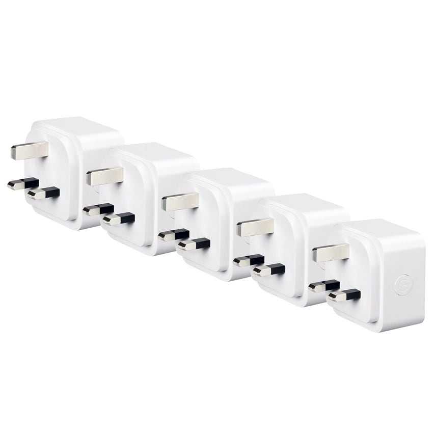 Five white 3-pin UK smart plugs arranged in a row, featuring a sleek design with a WiZ Connected logo, suitable for smart home integration.