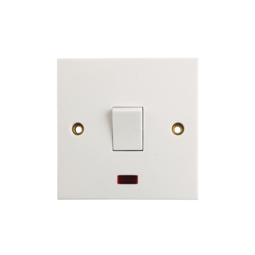 White double pole switch with a single toggle, featuring a red neon indicator light at the bottom and two brass screw holes for installation.