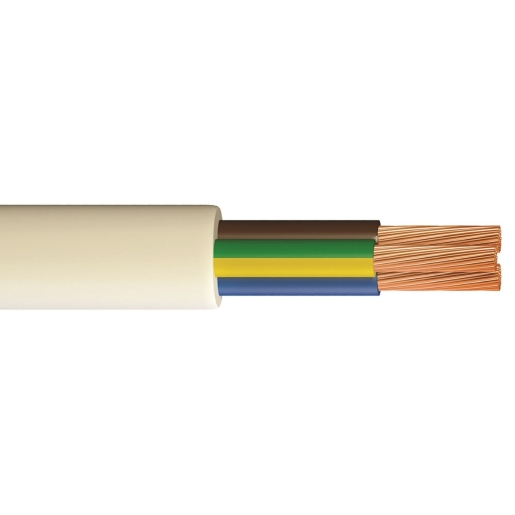 3-core heat resistant flexible cable in white, featuring 0.75mm copper conductors with brown, blue, and green/yellow insulation, measuring 10 meters in length.