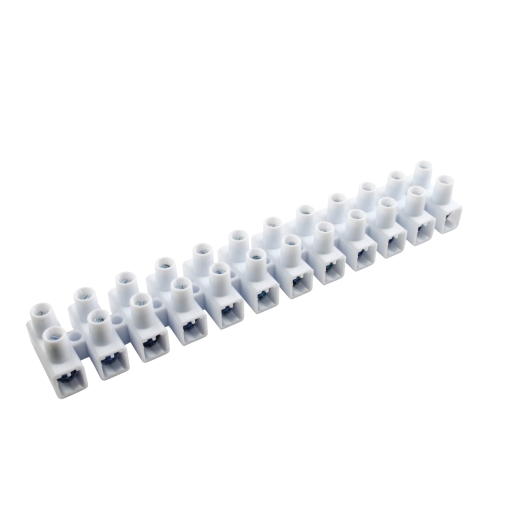 White 12-way connector strip made of plastic, featuring multiple connection points for wiring, designed for electrical installations, packaged in a set of five.