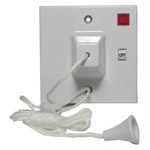 White double pole ceiling switch with a neon indicator, featuring a pull cord and an "OFF" label, designed for 45 amp usage.