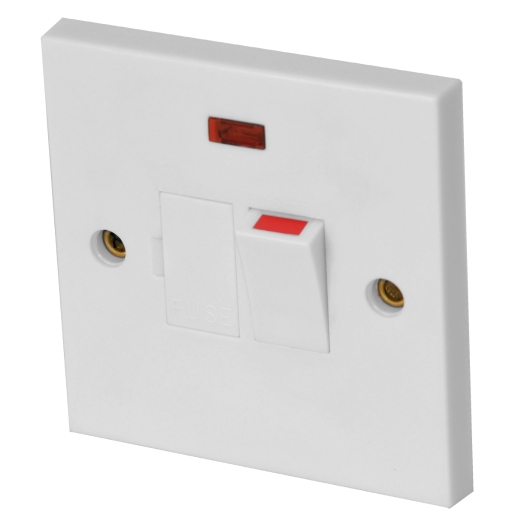 White switched fused connection unit with a red switch and neon indicator, featuring a clear "FUSE" label and two brass terminals on a flat surface.