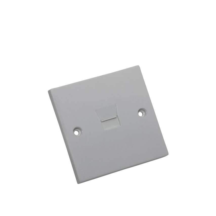 Grey plastic telephone wall plate socket with a single switch and two mounting holes for installation.