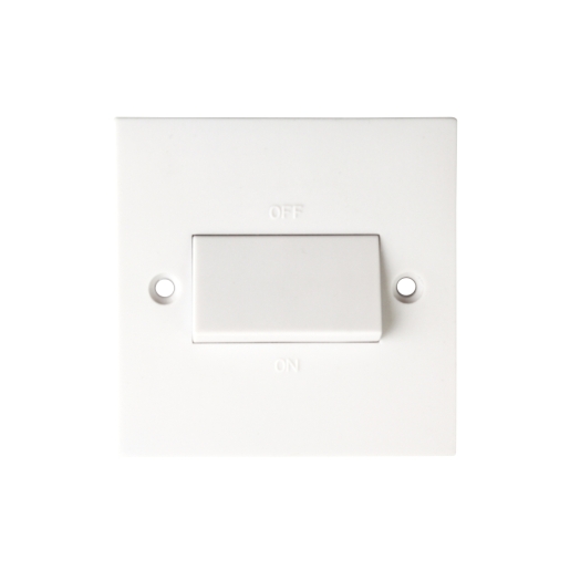 White square switch plate featuring a central toggle switch labeled "ON" and "OFF," designed for isolating fan circuits, made of durable plastic.