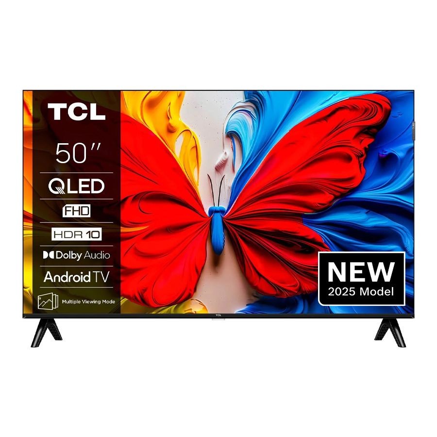 TCL 50V5C-UK 50-inch QLED Full HD HDR Google Smart TV with vibrant butterfly artwork, sleek black frame, and modern stand, labeled as the 2025 model.