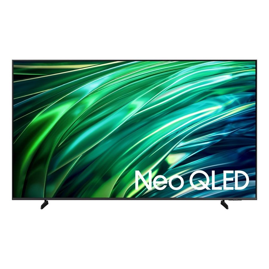 55” Samsung Neo QLED 4K Smart AI TV features a sleek black frame, vibrant green and blue abstract display, and modern stand design, showcasing advanced picture quality.