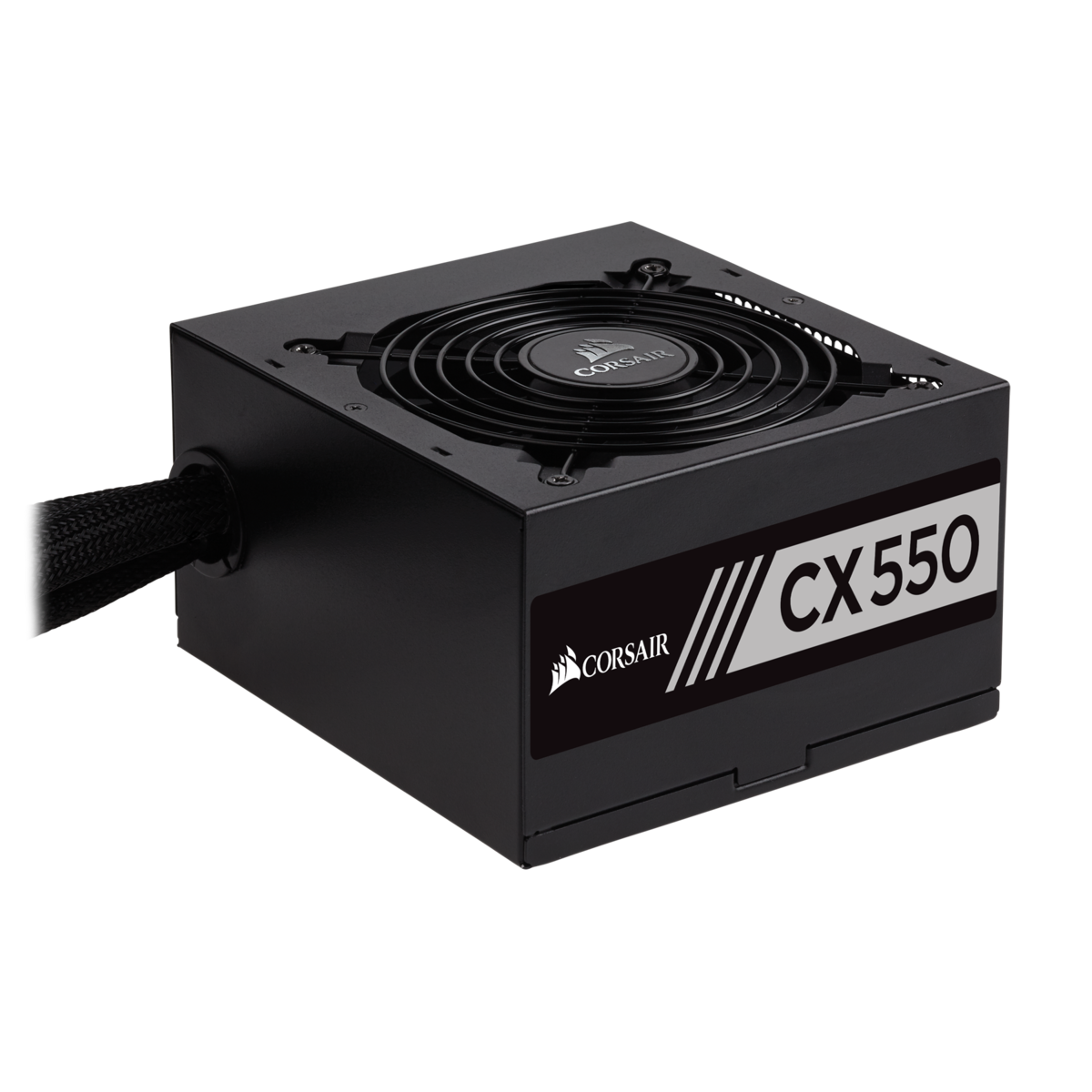 Corsair CX550 power supply unit in a black metal casing, featuring a top-mounted fan and a sleek design with a white and silver label displaying "CX550."