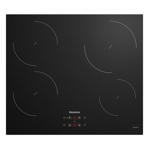 Black electric induction hob featuring four cooking zones with circular markings, touch control panel with digital displays, and a sleek glass surface.