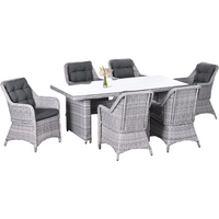 7-piece gray rattan wicker dining set with cushioned chairs and a rectangular table featuring a tempered glass top.