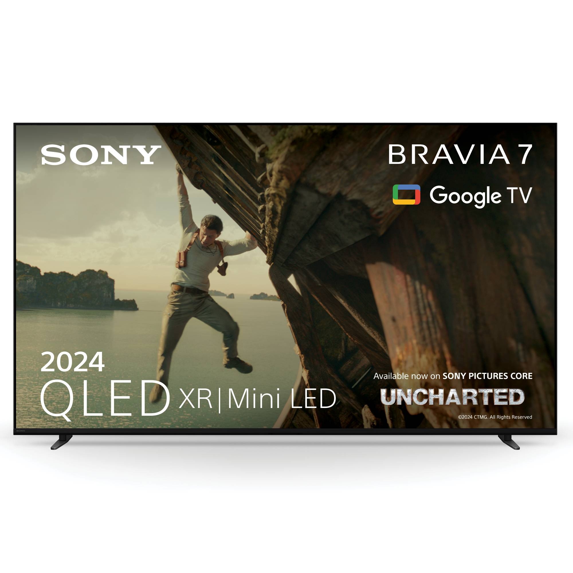 Sony BRAVIA 7 QLED 75-inch 4K HDR Google Smart TV featuring a sleek black frame, with a vibrant image showcasing a scene from Uncharted and gaming features for PlayStation 5.