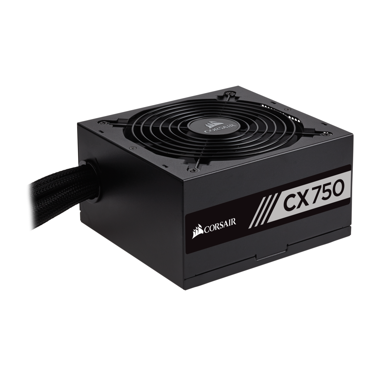 Black Corsair CX750 power supply unit with a top-mounted fan, featuring a sleek design and a prominent white label displaying "CX750" on the side.