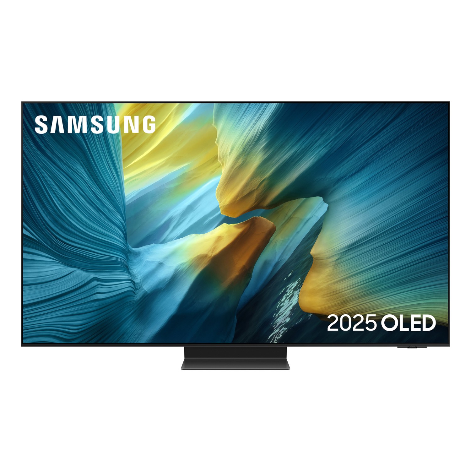 Samsung 77" OLED S95F 4K Vision AI Smart TV in black, featuring a sleek design with vibrant blue and yellow abstract artwork on the screen, showcasing advanced display technology.