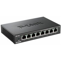 Black D-Link 8-port 10/100 desktop switch with metal housing and front-facing Ethernet ports.