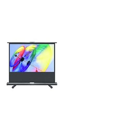 Optoma DP-9080MWL 80" projection screen featuring a sleek black frame, a matte white viewing surface, and a portable design with adjustable legs for stability.