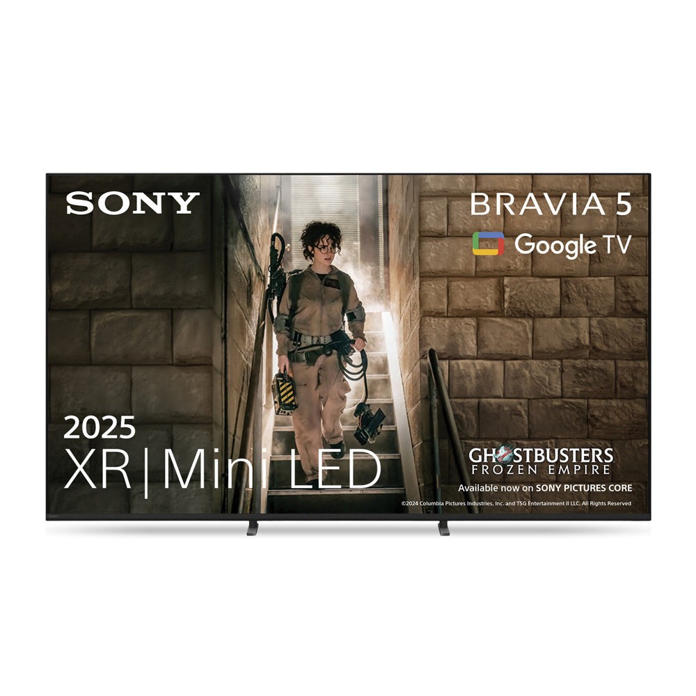 Sony Bravia K85XR55BP.UKA, a sleek black MinLED TV featuring a 2025 model year, showcasing a Ghostbusters-themed image and Google TV interface.