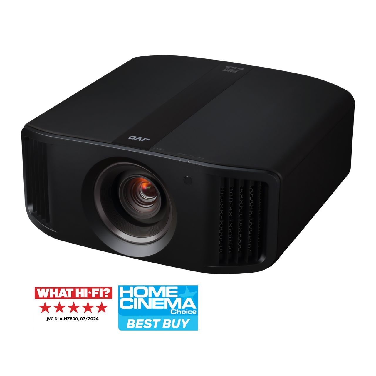 Black 8K Ultra D-Ila home cinema projector featuring a prominent lens, sleek design, and new Blu-Escent laser technology, with award badges for quality and recognition.