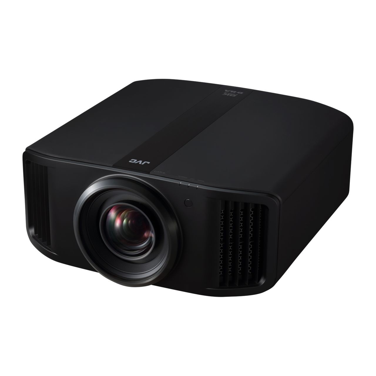 Black 8K Ultra D-Ila home cinema projector featuring a sleek design, prominent lens at the front, and ventilation grilles on the sides, labeled with the JVC logo.
