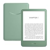 Green Kindle e-reader with a 6-inch display showing text, accompanied by a matching green protective cover.