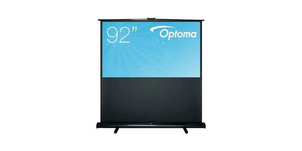 Optoma DP-9092MWL projection screen features a 92-inch 16:9 aspect ratio, with a sleek black casing and a blue background showcasing the brand logo.