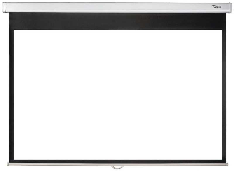 95-inch diagonal pull-down projector screen with a sleek white casing, black border, and smooth matte surface for optimal image clarity.