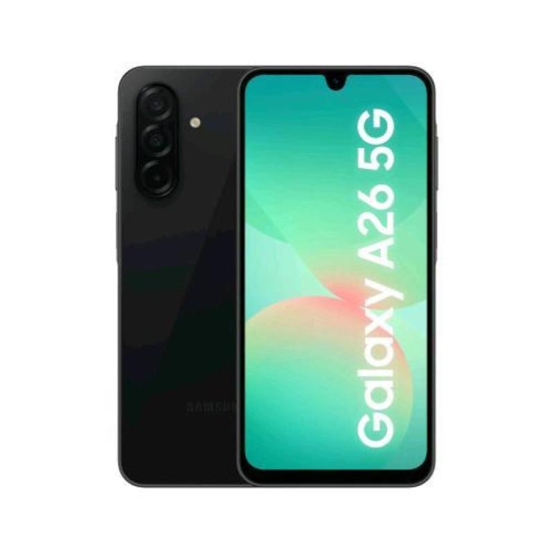 Samsung Galaxy A26 5G in black with a sleek design, featuring a 6.7-inch display, triple rear cameras, and the text "Galaxy A26 5G" prominently displayed on the screen.
